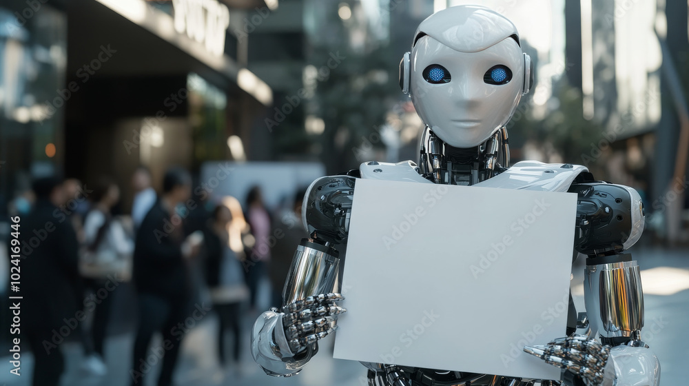 Poster a woman-shaped robot holds a blank sign. this robot is powered by artificial intelligence (ai). it's