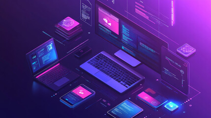 A picture of a computer setup with a desktop, laptop, and phone. It includes symbols related to technology, design elements for apps, and tools used to make software for computers and phones.