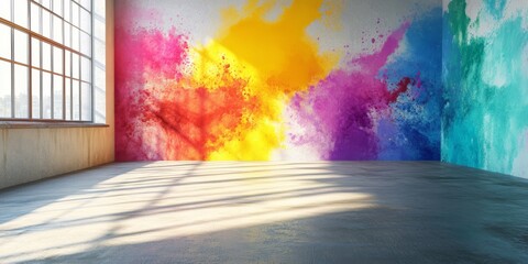 A colorful wall with a window in the background. The wall is covered in paint splatters and the room is empty