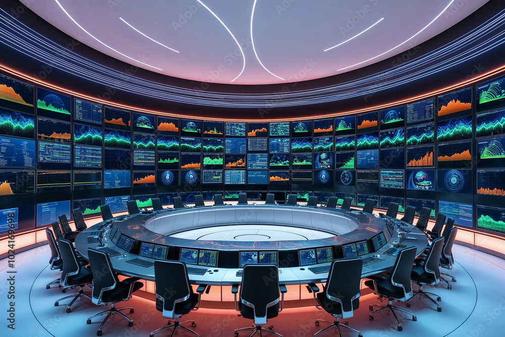 Poster modern data monitoring room or control room with futuristic technology and a lot of computer screens