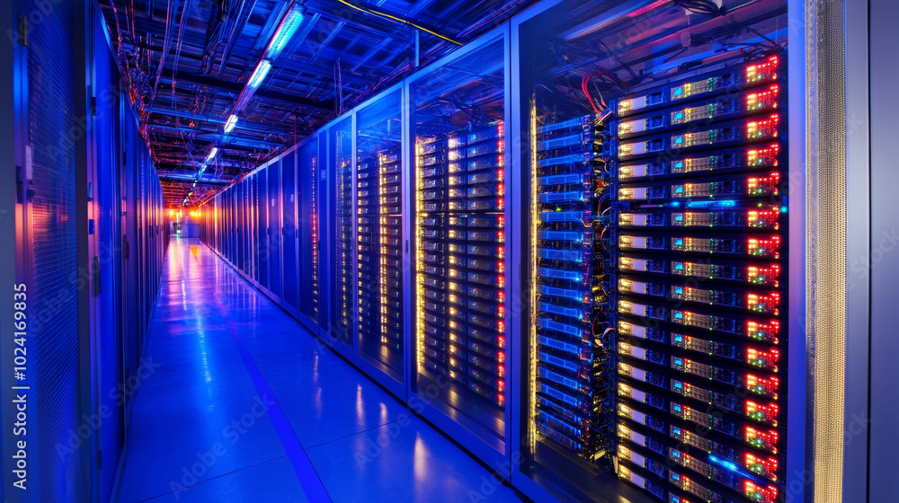 Poster data centers use powerful computers and cloud technology to analyze massive amounts of information, 