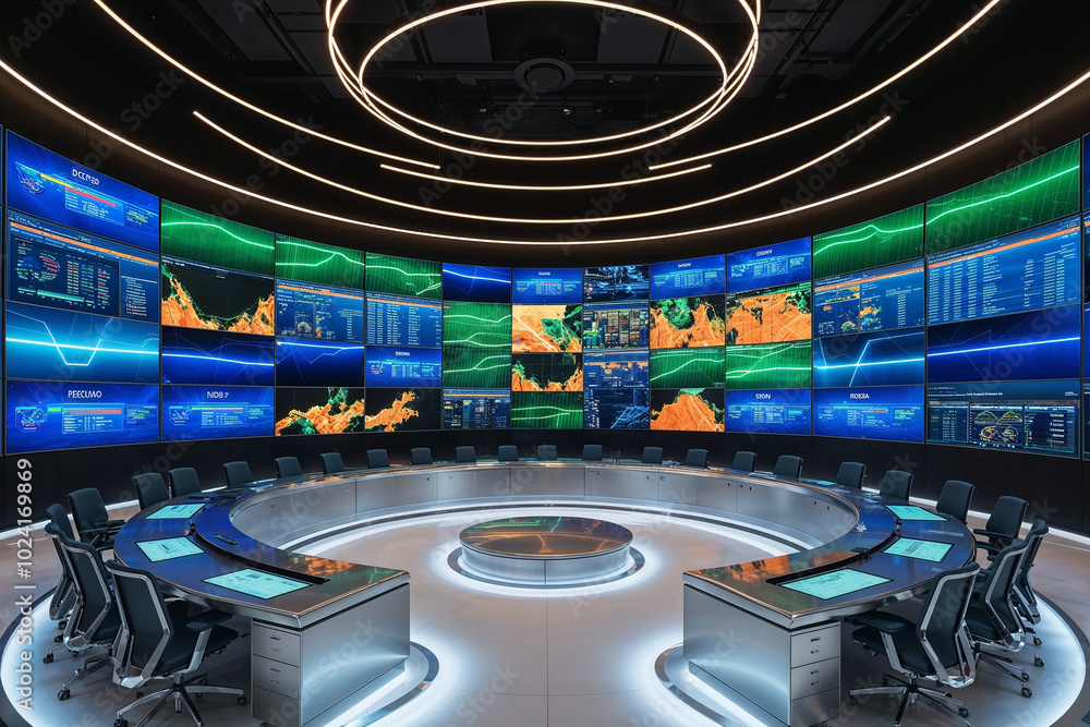 Poster modern data monitoring room or control room with futuristic technology and a lot of computer screens