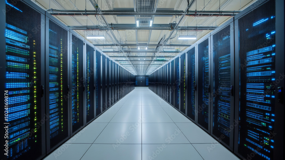 Poster data centers use powerful computers and cloud technology to analyze massive amounts of information, 