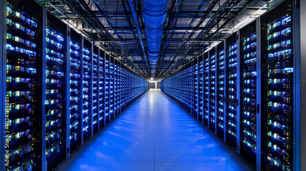 Poster data centers use powerful computers and cloud technology to analyze massive amounts of information, 