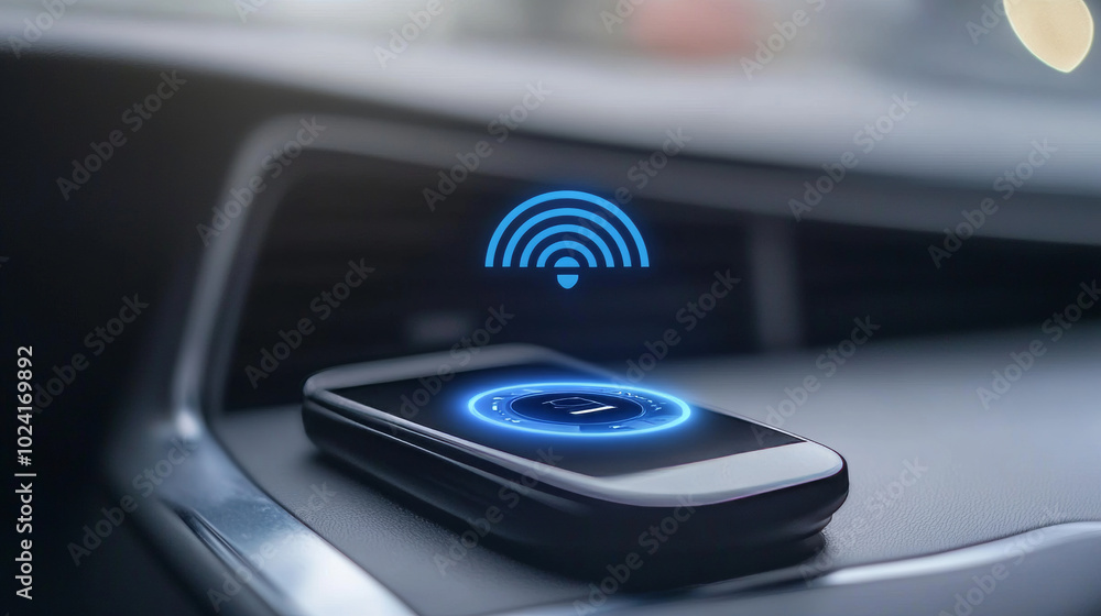 Poster this icon shows a smart car alarm system controlled by a smartphone. it wirelessly protects the car 