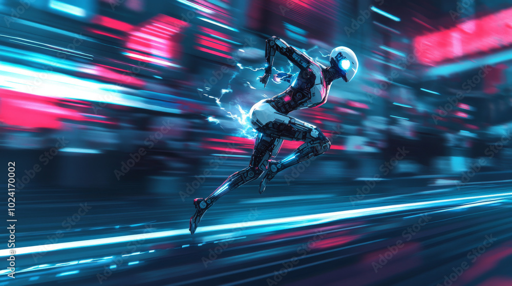 Poster a robot with artificial intelligence, runs through a digital world on a phone screen. she moves incr