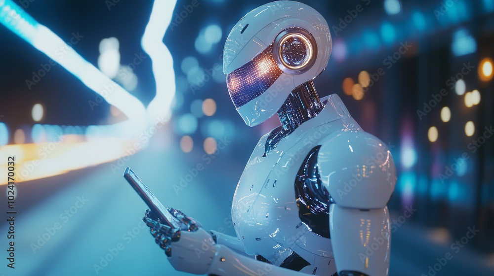 Poster a robot with artificial intelligence, runs through a digital world on a phone screen. she moves incr