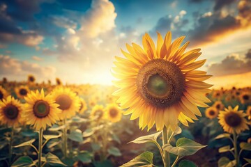 Obraz premium Vintage Soft Focus Sunflower Field with Clear Blue Sky for Text Overlay