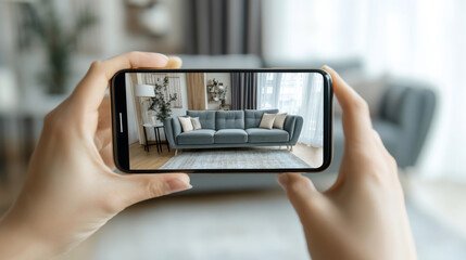 A smartphone app that lets you see how furniture would look in your own home before you buy it. The picture shows someone holding a phone to see how a virtual chair would fit in their living room.