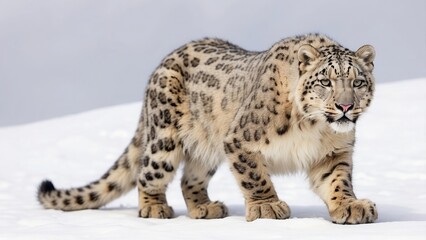 Obraz premium A snow leopard prowling with its thick fur and intense gaze, blending into the snowy terrain, isolated on white 