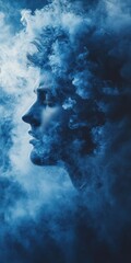 Ethereal Silhouette of a Person in Blue Smoke Creating a Dreamlike and Mystical Atmosphere