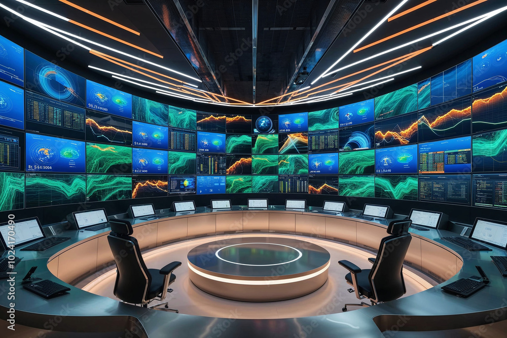 Poster modern data monitoring room or control room with futuristic technology and a lot of computer screens