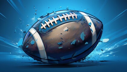 A dynamic football bursts through a vibrant blue background, illustrating motion and energy in a striking visual design.