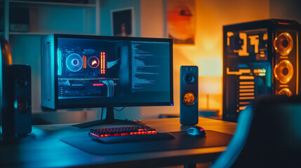 A sleek, powerful desktop computer sits in a dark room.  The gaming PC case is empty, with a monitor, keyboard, and mouse waiting nearby. The computer screen shows abstract programs.