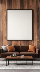 A living room interior with a brown sofa and a coffee table, a large framed picture hangs above.