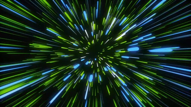 green and blue neon lights moving forward against a black background and noise