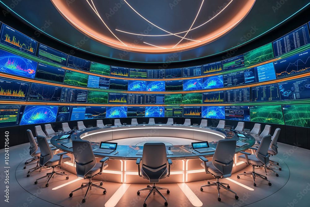 Poster modern data monitoring room or control room with futuristic technology and a lot of computer screens