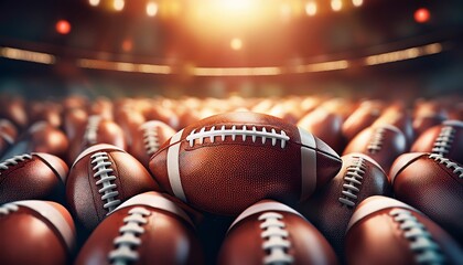 A close-up view of a football surrounded by many others, illuminated by a warm glow from stadium lights, creating an exciting sports atmosphere.