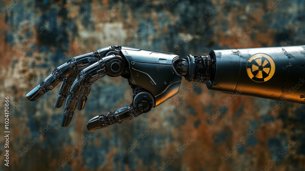 Poster big robot arm presses the index finger on the button with the icon of the nuclear danger. futuristic