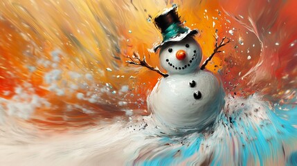 A lively abstract painting featuring a joyful snowman with a top hat, surrounded by a dynamic blend of winter and autumn colors.