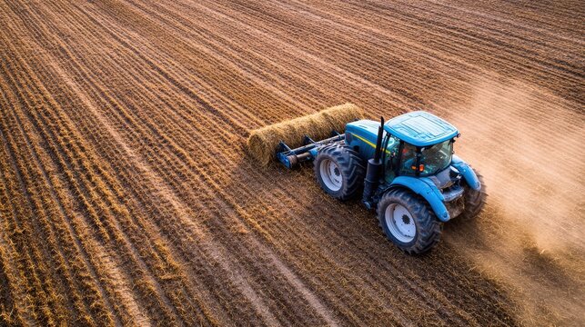 Mowed Field. Blue Tractor with Hay Tedder Working on Agricultural Field, Aerial Side View