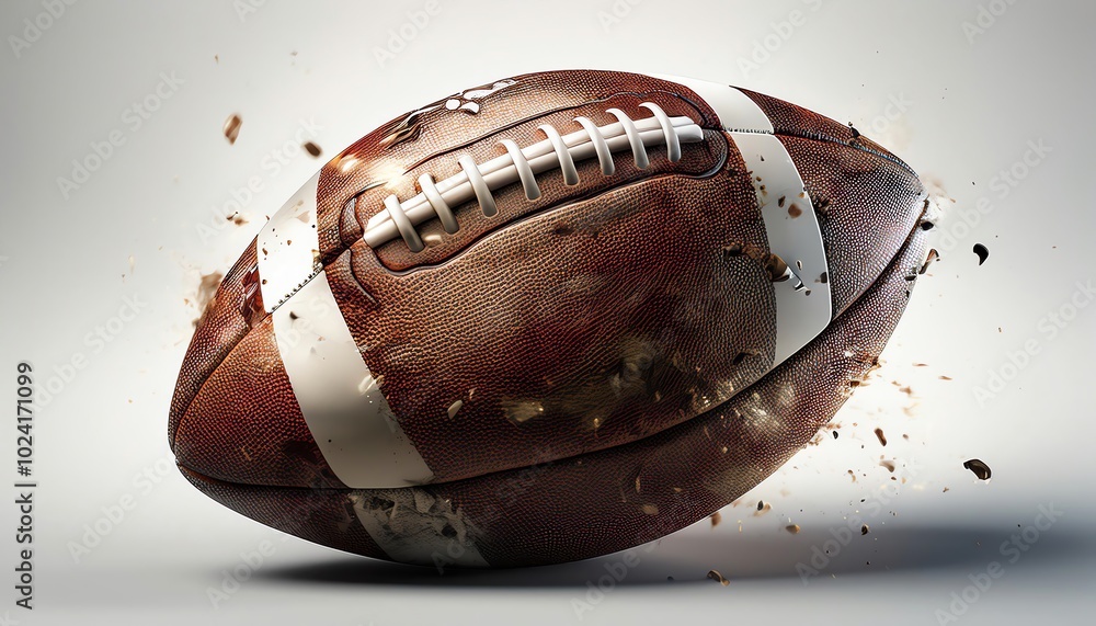 Poster a dynamically positioned american football appears to be in motion, surrounded by particles, suggest