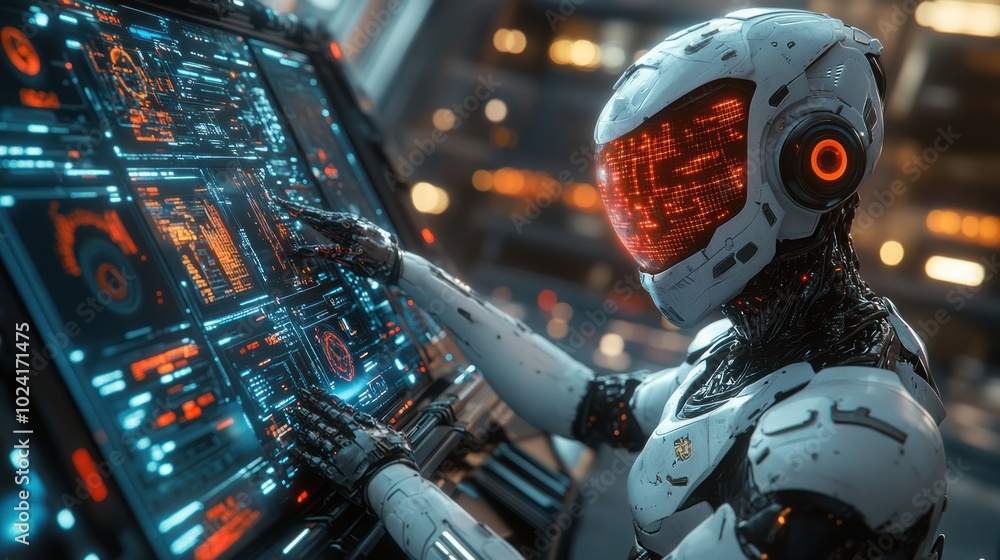 Poster a futuristic robot interacting with a high-tech control panel.