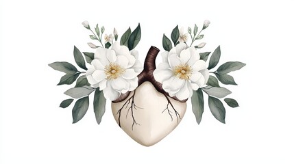 Obraz premium Watercolor Heart with Blooming Flowers Illustration Anatomy Healthcare Love Nature