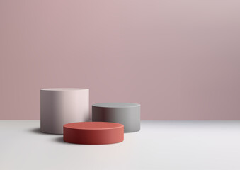 Cylindrical Podiums on White Surface with Soft Pink Backdrop, Product Display and Mockup, Modern and Elegant Stage for Presentations