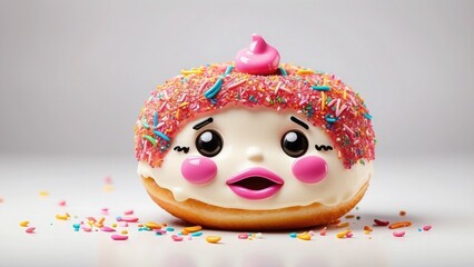 A cute cartoon donut with a face, covered in vibrant icing and sprinkles, exuding sweetness, isolated on white background.-