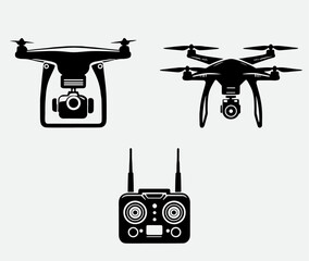 Drone silhouettes set, isolated white background	