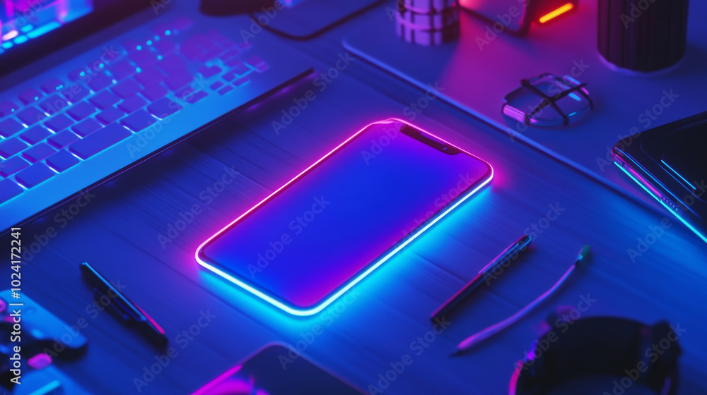 Poster designing a mobile app. the image shows a phone glowing in neon light with app development tools on 