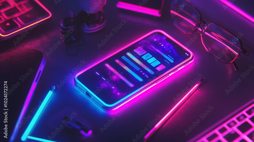 Poster designing a mobile app. the image shows a phone glowing in neon light with app development tools on 