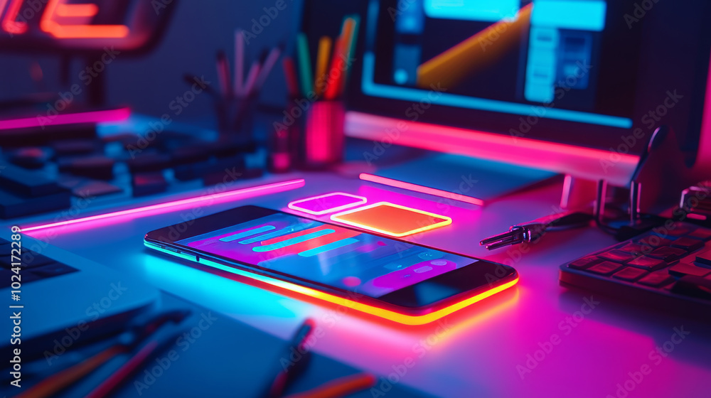 Poster designing a mobile app. the image shows a phone glowing in neon light with app development tools on 