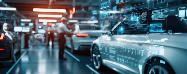Futuristic car workshop featuring advanced technology and experienced technicians working on modern vehicles.