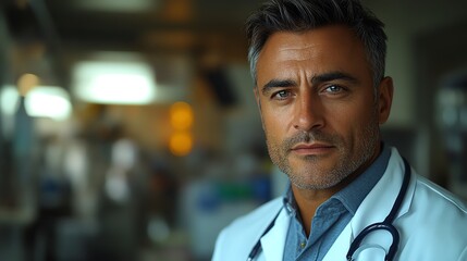 Fototapeta premium A serious male doctor in a white coat and stethoscope looks directly at the camera. He is in a hospital setting.