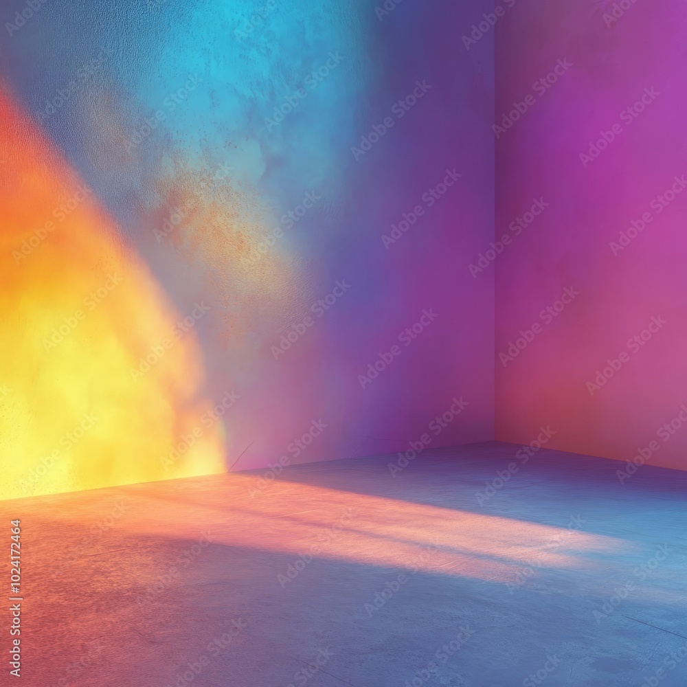 Poster a modern, empty room with colorful light reflections creating a vibrant and abstract atmosphere on t