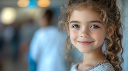 Obraz premium A young girl with curly hair and blue eyes smiles sweetly at the camera. She is wearing a white dress and has a blurred background.