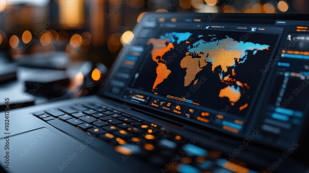 Poster digital interface displaying economic trends with map