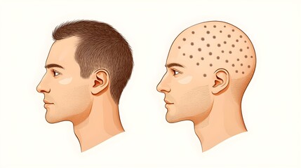 Side-by-side head comparisons in an infographic, showing hair thinning to regrowth, structured timeline format, Photorealistic, Neutral Background