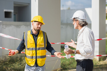 Senior officer male argue complain blame to construction engineer foreman for bad construction low...