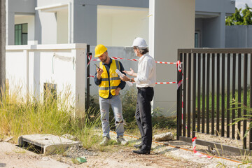 Senior officer male argue complain blame to construction engineer foreman for bad construction low...
