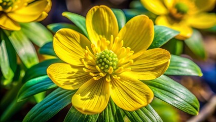 Obraz premium Winter Aconite: Early Blooming Yellow Flowers Signaling Spring's Arrival in the Buttercup Family Ranunculaceae