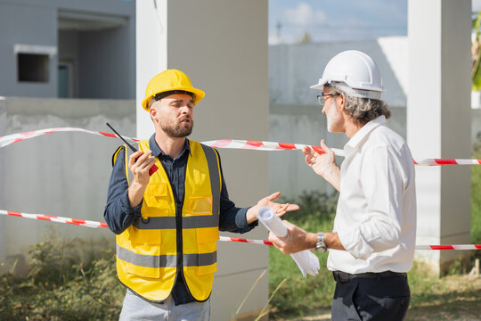 Senior officer male argue complain blame to construction engineer foreman for bad construction low quality project fail not pass standard problems