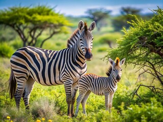 Fototapeta premium Zebra Mother and Foal in Etosha National Park - Nature's Bonding Moment