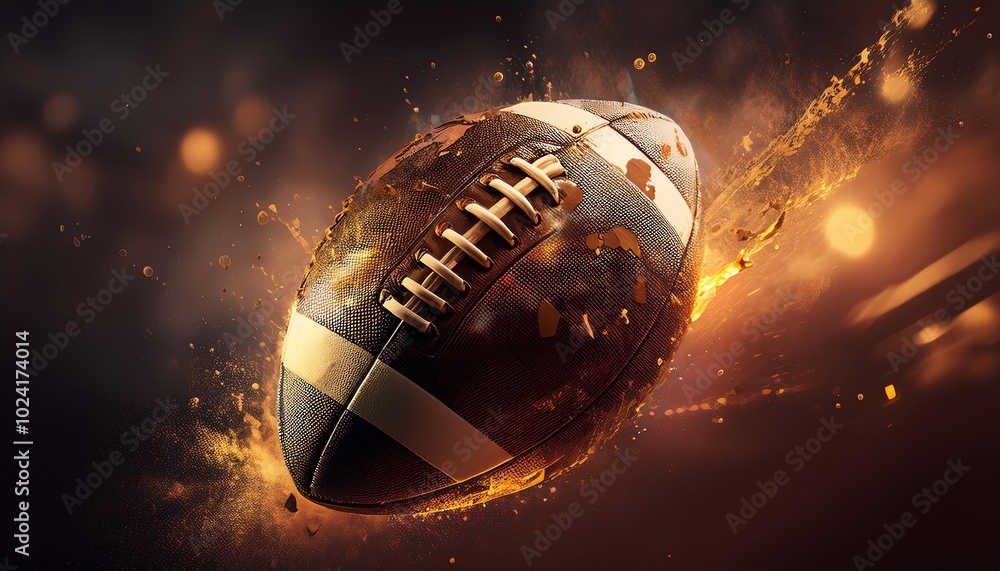 Poster a dynamic image of a football exploding with energy and light against a dark background, showcasing 