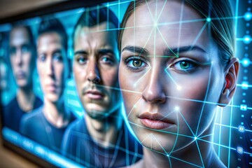 Facial recognition system close-up scanning process and artificial intelligence