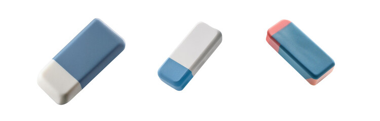 Three different colored rectangular erasers with one side white and the other side colored.