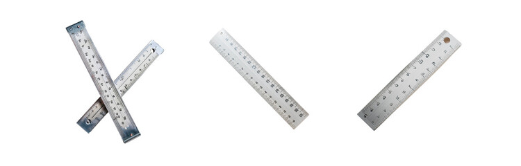 Three metal rulers, one is overlapping the other, on a white background.