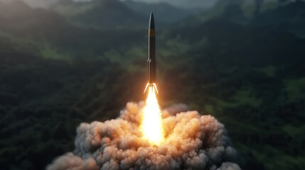 Missile Launch  Rocket Taking Off  Fire and Smoke  Warhead  Weapon  Military  Space Explor